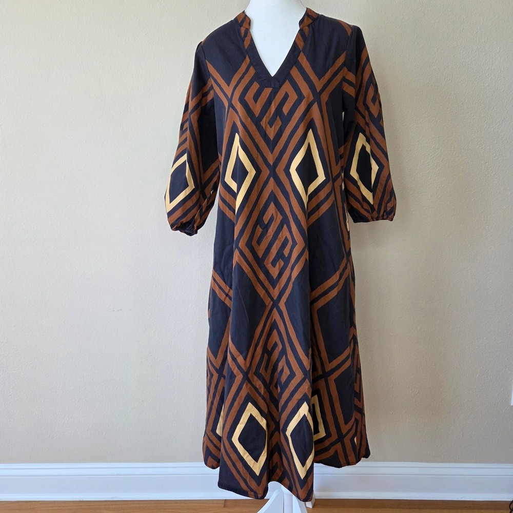 Porridge Anthropologie Geometric Midi Dress 100% Cotton Brown Black‎ Small